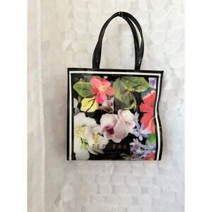 Ted Baker London Black Floral Rose PVC Tote ICONIC Bag 14 inch VIVID Colorful